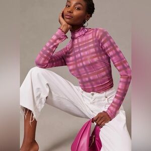 Anthropologie Pilcro Mockneck Long Sleeve Top Pink Plaid Sheer XS Iconic Retro